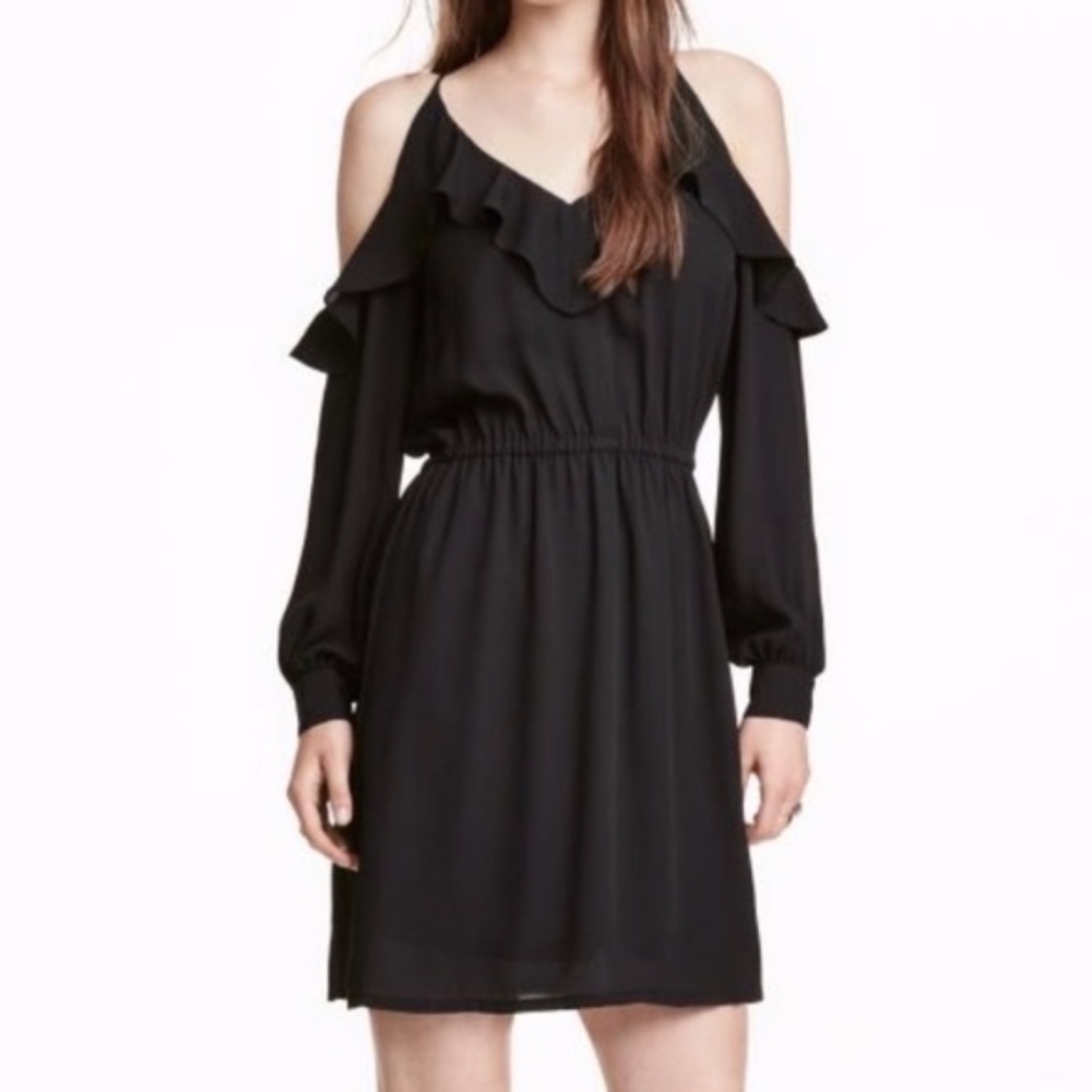 H&M Long Sleeve Ruffle Black Cold Shoulder Dress